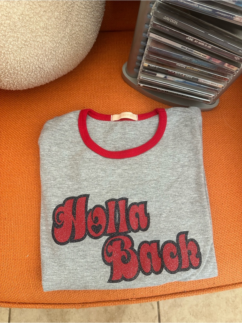 Y2K Holla Back Forever 21 Throwback Baby Tee in Gray/Red Crew Neck